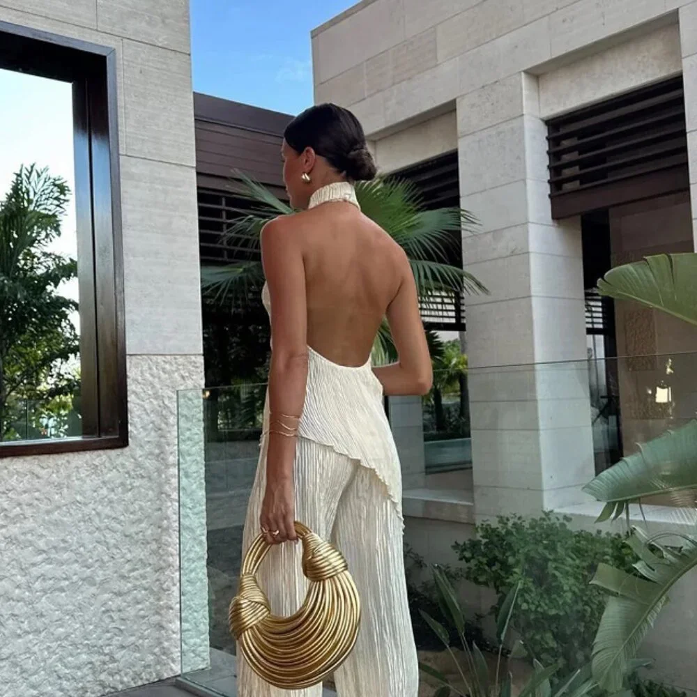 Commense Asymmetric Halter Top, Champagne, Beige, Ruffle Texture - Picture 2 of 4